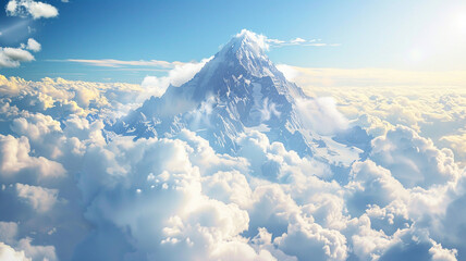 Wall Mural - A breathtaking mountain peak rising above fluffy clouds against a sunny sky.