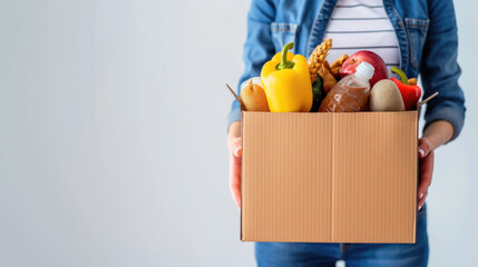 Closeup woman volunteer hands holding food donations box on isolated light grey background with space for copy