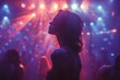 A silhouette of a woman with flowing hair lost in music amidst a dynamic, colorful nightclub light show