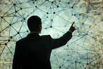 Wall Mural - An abstract representation of a businessman pointing behind towards a network of interconnected financial markets, emphasizing the need for diversification in global investments. generative AI