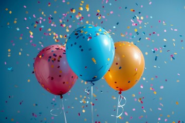 Wall Mural - three helium balloons with pink, blue, and yellow colors surrounded by vibrant falling confetti agai