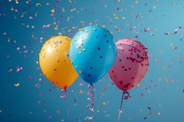 Wall Mural - festive image featuring pink, yellow, and blue helium balloons with colorful confetti in motion on a