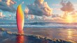 Surfboard 3d style standing upright in the sand, colorful