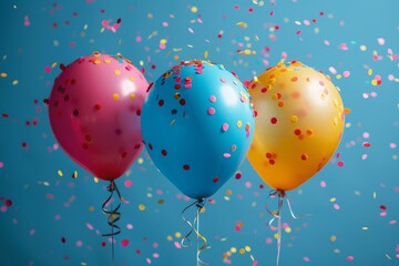 Wall Mural - a trio of helium balloons in pink, blue, and yellow hues, surrounded by a shower of colorful confett
