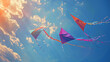 Colorful kites soaring high in the summer sky, their tails trailing behind them in the breeze.