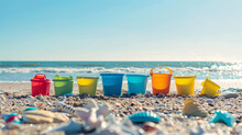 A Colorful Row Of Beach Toys And Buckets On A Sandy Shore.