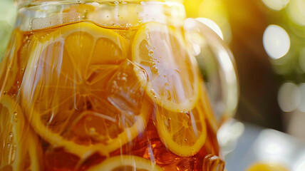 Wall Mural - A close-up of a refreshing iced tea pitcher adorned with lemon slices.