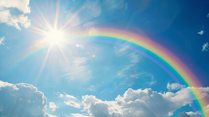 Wall Mural - A striking rainbow stretching across the horizon against a sunny backdrop.