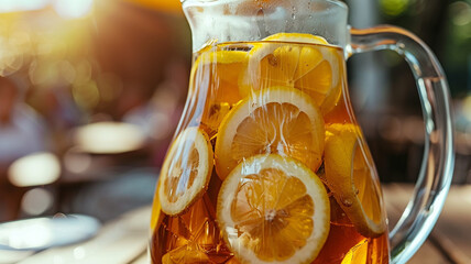 Wall Mural - A close-up of a refreshing iced tea pitcher adorned with lemon slices.