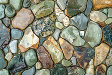 An Intricate Mosaic Of River Stones, Each Stone Worn Smooth By Time And Water, Their Muted Colors Is Green, Brown, And Grey Forming A Naturally Beautiful Pattern. 32k, Full Ultra HD, High Resolution