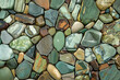An intricate mosaic of river stones, each stone worn smooth by time and water, their muted colors is green, brown, and grey forming a naturally beautiful pattern. 32k, full ultra HD, high resolution