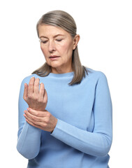 Poster - Arthritis symptoms. Woman suffering from pain in wrist on white background