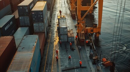 Wall Mural - Port workers busily loading a cargo ship with contai  AI generated illustration