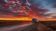 Spectacular sky colors framing a truck on a rural ro AI generated illustration