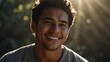 young pacific islander man smiling with bright sunshine rays and copy space from Generative AI