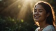 young pacific islander woman smiling with bright sunshine rays and copy space from Generative AI