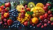 There are a variety of tropical fruits and mixed berries in this image, topped with syrup and juice. Watermelon, banana, pineapple, strawberry, orange, mango, blueberry, cherry, raspberry, papaya. A