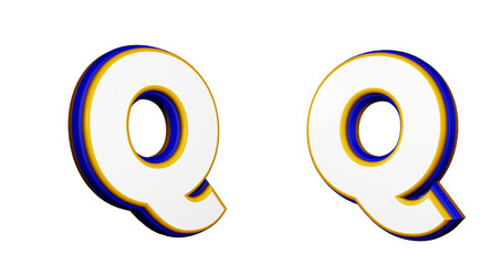 Wall Mural - Letter Q in 3D render, in two different perspectives and angles. Colors Blue, yellow and white. Complete alphabet collection