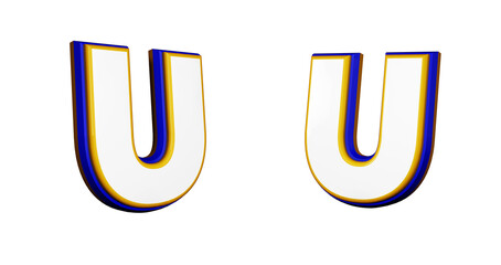 Wall Mural - Letter U in 3D render, in two different perspectives and angles. Colors Blue, yellow and white.