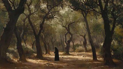 Wall Mural - The Garden of Gethsemane depicted with sparse trees   AI generated illustration