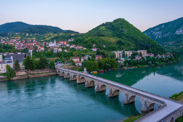 Wall Mural - Sunrise view of Mehmed Pasa Sokolovic Bridge in Visegrad, Bosnia and Herzegovina