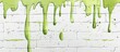 A pattern of green paint is dripping down a white brick wall, resembling a rectangular art piece created by natures own organism, a terrestrial plant