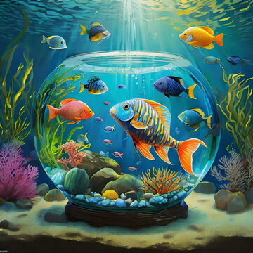Cute fishes in the sea and fishbowl