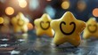 Positive customer reviews feature a happiness icon touched by a five-star smiley face, underlining the value of satisfaction surveys, opinions, and exemplary customer service responses