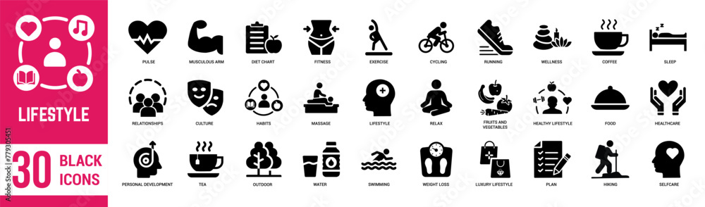 Lifestyle solid icons set. Lifestyle, exercise, healthy, relationship ...