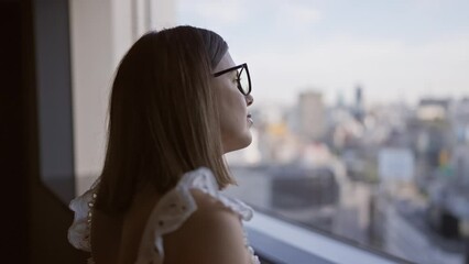 Poster - Beautiful hispanic businesswoman in glasses, captivating cityscape view from skyscraper window in japan's urban skyline