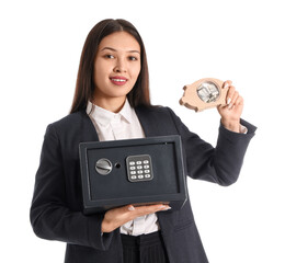 Sticker - Beautiful young happy Asian woman with safe box and piggy bank isolated on white background