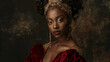 Bold and fiercely independent a black woman is captured in this Renaissance Noir portrait wearing a deep red velvet dress and a striking gold headpiece. The elegant patterns and sumptuous .