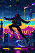 © Fanny - Retro Arcade Game Scene: Dancing Hero in a Futuristic Urban Landscpae Under Starlit Sky