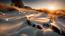 Sunlight Glistening On Snowy Footprints