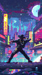 © Fanny - Retro Arcade Game Scene: Dancing Hero in a Futuristic Urban Landscpae Under Starlit Sky