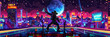 Retro Arcade Game Scene: Dancing Hero in a Futuristic Urban Landscpae Under Starlit Sky
