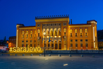 Poster - Sunrise view of Sarajevo city hall in Bosnia and Herzegovina