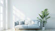 Modern Living Room Interior: Bright and Cozy Ambiance with Sofa, Plant, and White Plaster Wall
