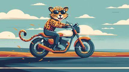 Wall Mural - A whimsical digital illustration of a cheetah character riding a classic motorcycle on an open road, under a blue sky.