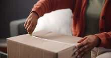 Hands, Person And Opening Of Box In Home, Ecommerce And Delivery Of Package, Living Room And House, Apartment, Lounge And Online Shopping, Sofa Or Couch, Customer And Cardboard Or Parcel And Shipment