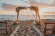 sunset beach wedding setup with dreamcatchers and floral arch