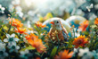 A colorful songbird surrounded by vibrant orange flowers and green foliage in a serene garden, illuminated by soft morning light.