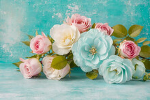 Lovely Flowers On Turquoise Shabby Chic Background