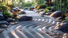 A Peaceful Japanese Zen Garden With Raked Sand, Rocks, And A Small Bamboo Fountain. 