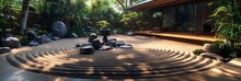 A Peaceful Japanese Zen Garden With Raked Sand, Rocks, And A Small Bamboo Fountain. 