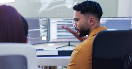 Leinwandbilder - Office, worker and training in computer with coding in teamwork or collaboration for big data. Support, help and learning in pc for software development or programming with information technology