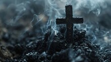 Dark Atmosphere With A Smoke-wrapped Cross - The Scene Captures A Somber Mood With A Lone Black Cross Engulfed By Swirls Of Smoke In A Shadowy Environment