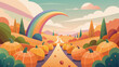A whimsical and colorful illustration of a pumpkin patch filled with not just orange pumpkins but also unique rainbowcolored variations.