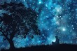 Silhouette of a person under a starry sky - A person sits beneath a tree gazing up at the mesmerizing expanse of a glittering starry night sky, evoking a sense of wonder
