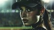 Baseball cap woman in the rain at night - A woman wearing a baseball cap stands in the rain, with a focused expression and the lights of a sports field behind her